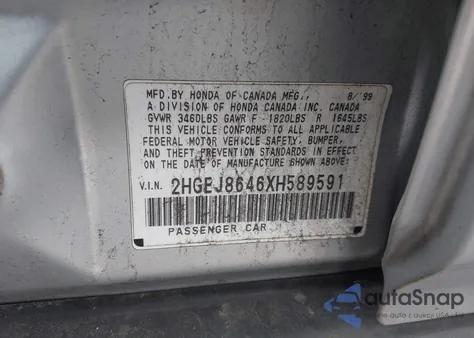 1999 Honda Civic Ex z USA, uszkodzony, nr VIN 2HGEJ8646XH589591